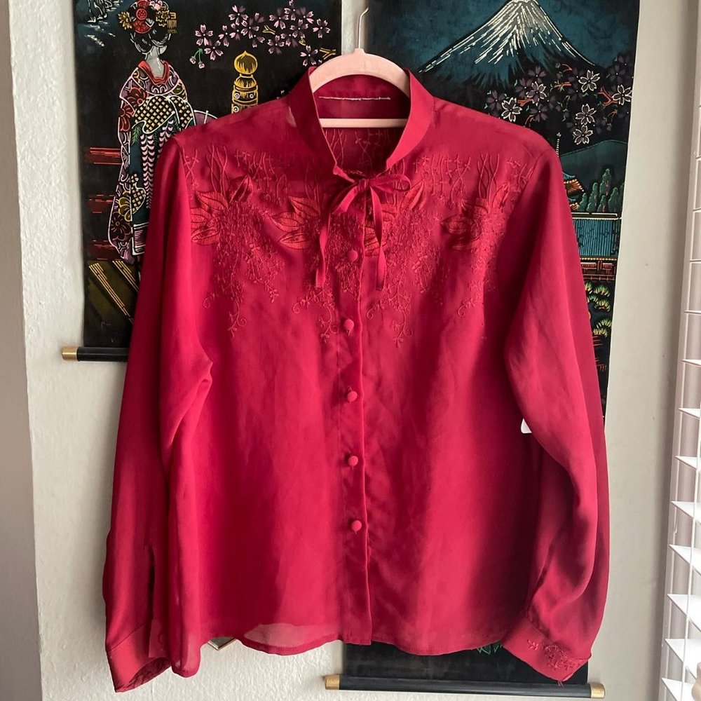 Vintage 90s Floral Embroidered Maroon Blouse Size S/M